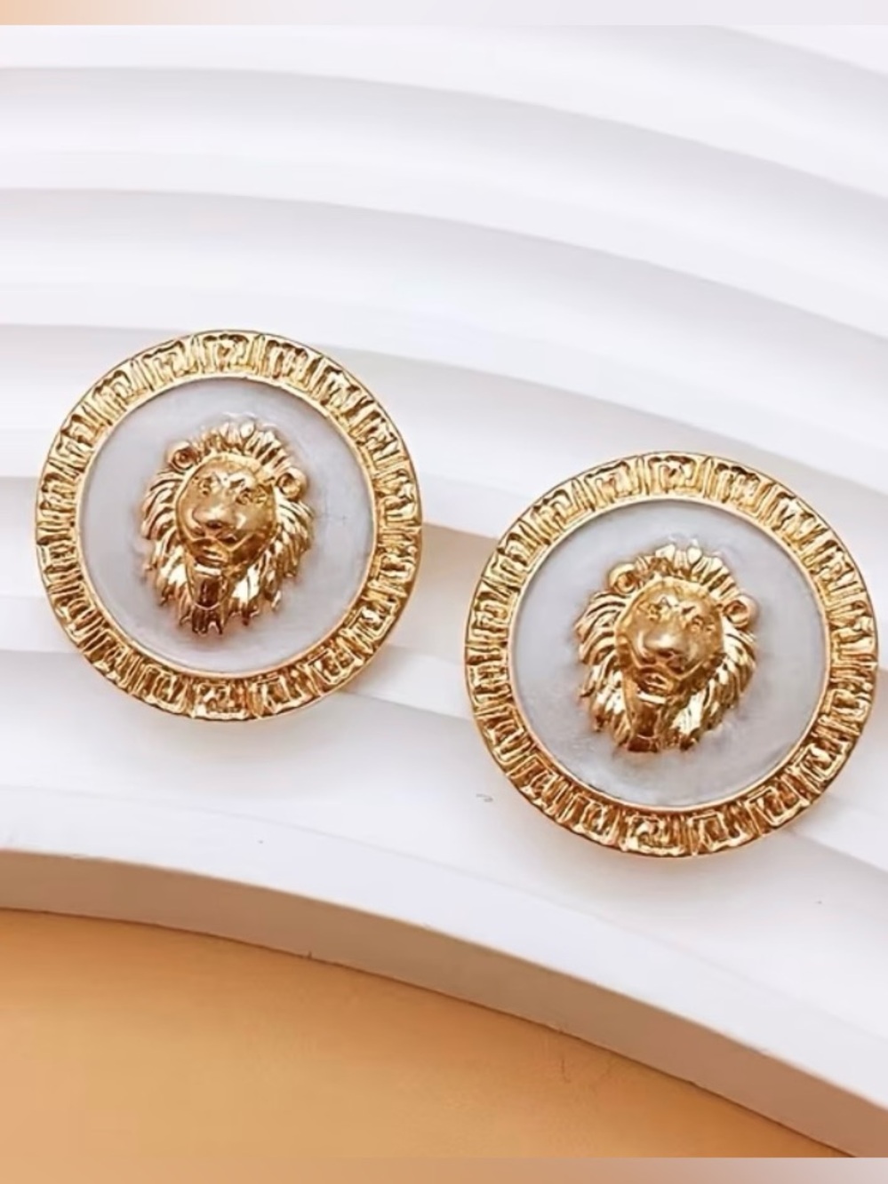 Gold Lion Head White Enamel Statement Stud Earrings Luxury Fashion Earrings NWT